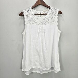Lungo L'Arno Sleeveless 100% Linen Top Women M White Embroidered Italy Cottage
